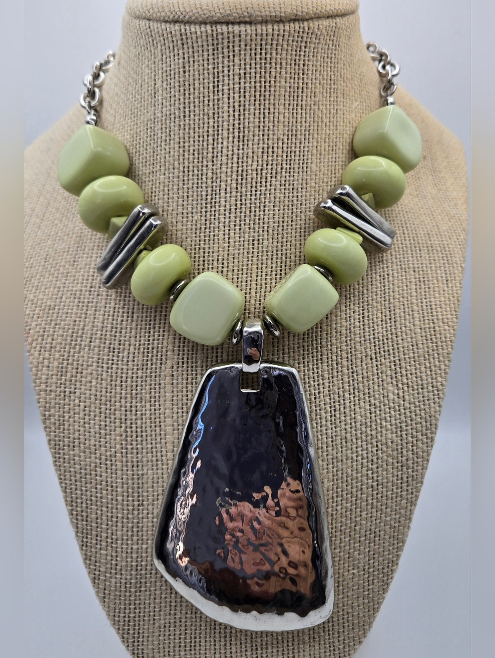 Chicos Silver & Sage Chunky Statement Necklace Boho Spring Geometric Scuptural